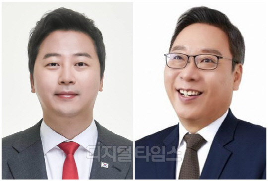 장예찬(왼쪽) 무소속 부산 수영구 후보와 정연욱 국민의힘 후보. <디지털타임스 DB>